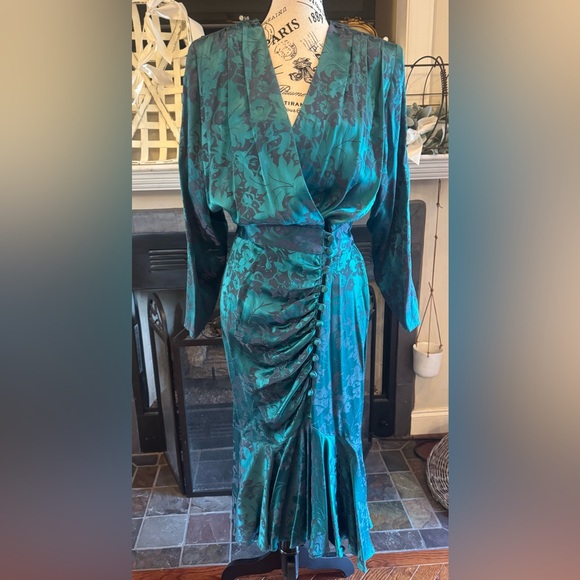 BB Collections Dresses & Skirts - Teal Green Gray Floral Glam Dress Medium 6 8 Dolman Buttons Long Sleeve Silk